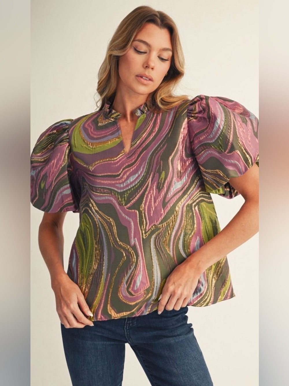 JODIFL Olive & Mauve Abstract Puff-Sleeve Blouse - NWT - Medium